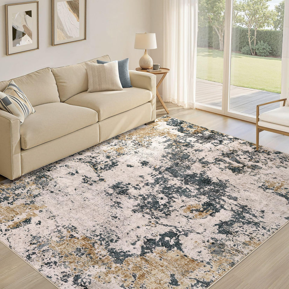 Area Rugs for Living Room: 12x15 Abstract Washable Rug Modern Neutral Large Soft Stain Resistant Non-Slip Backing Machine Table for Bedroom Dining Room Indoor Home Office Carpet - Gold Brown