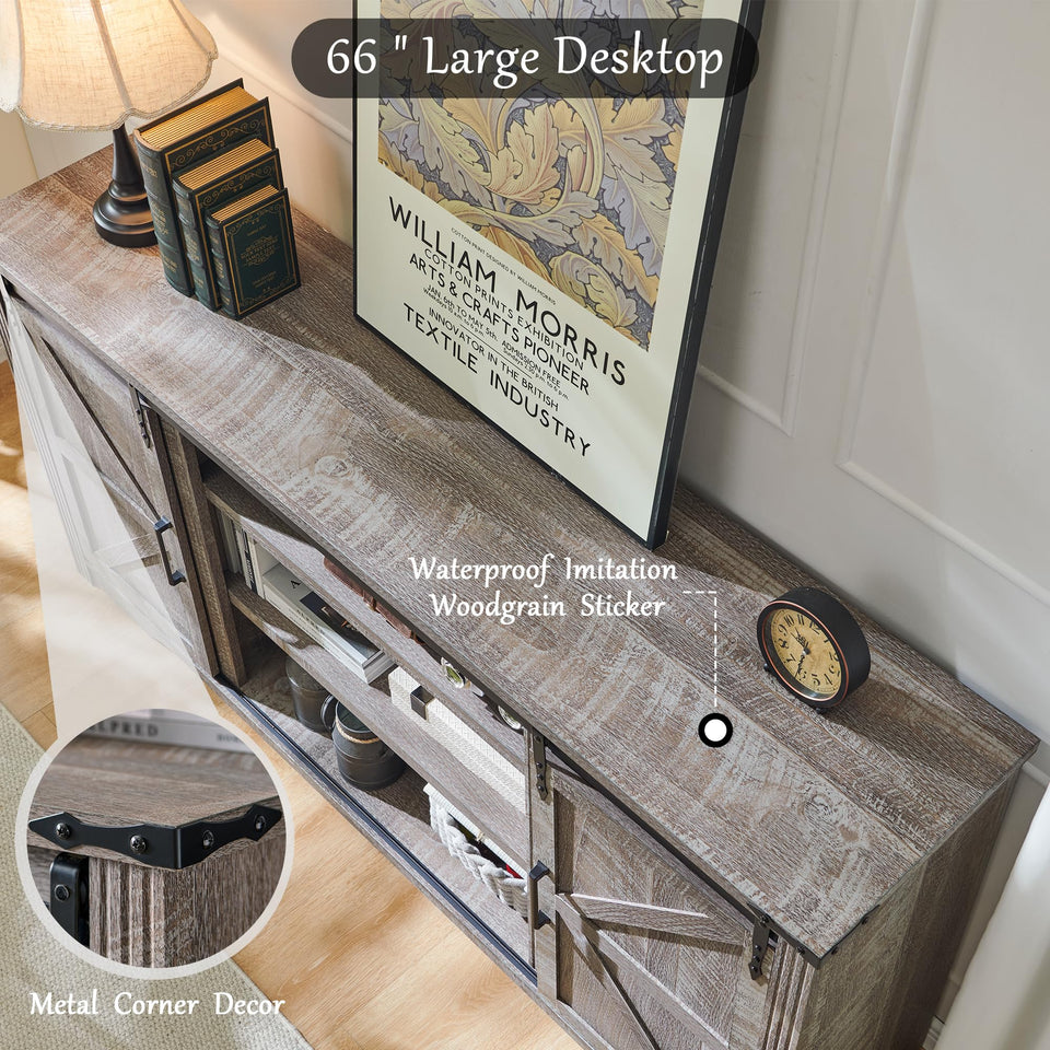 JXQTLINGMU Farmhouse TV Stand for 75+ Inch TV, 32" Tall Entertainment Center w/4 Drawers & Sliding Barn Door, Rustic Media Console w/Storage Shelves, 66" Wood Television Stand for Living Room, Brown