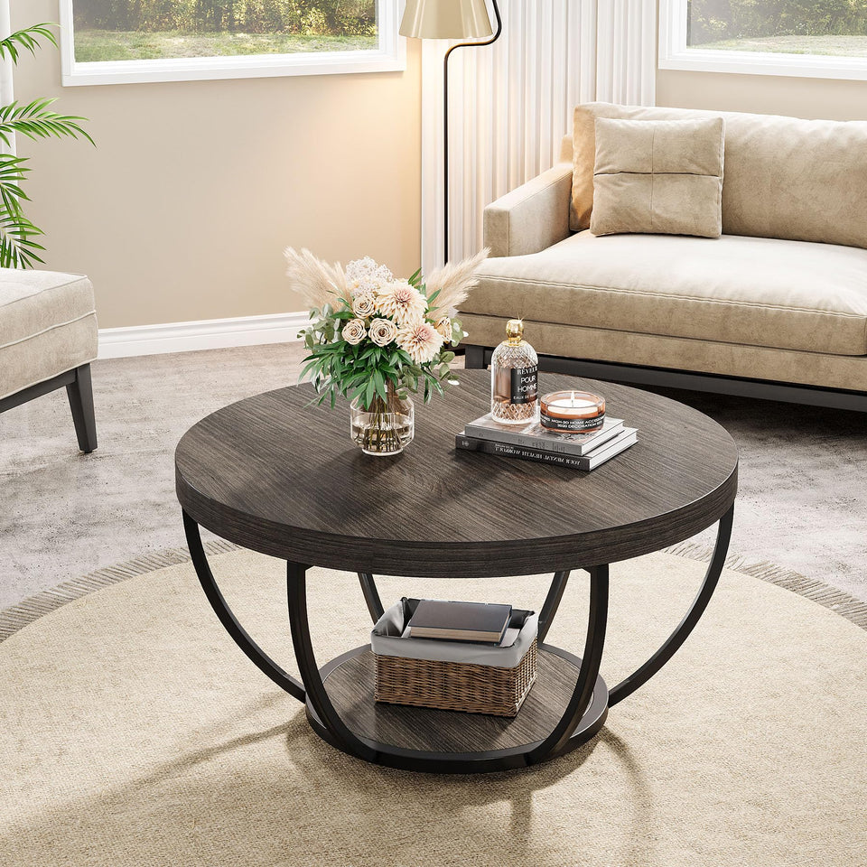 Tribesigns Round Coffee Table, 31.7" Wooden 2-Tier Circle Coffee Table with Storage Shelves, Modern Accent Cocktail Table Center Table for Living Room, Rustic Brown