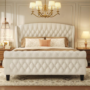 HISOFT Queen Bed Frame, 39" Tall Velvet Upholstered Sleigh Bed with Wingback Headboard & Scroll Footboard, No Box Spring Needed, Sturdy Support, Easy Assembly, Noise Free, Button Tufted, White