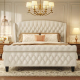 HISOFT Queen Bed Frame, 39" Tall Velvet Upholstered Sleigh Bed with Wingback Headboard & Scroll Footboard, No Box Spring Needed, Sturdy Support, Easy Assembly, Noise Free, Button Tufted, White