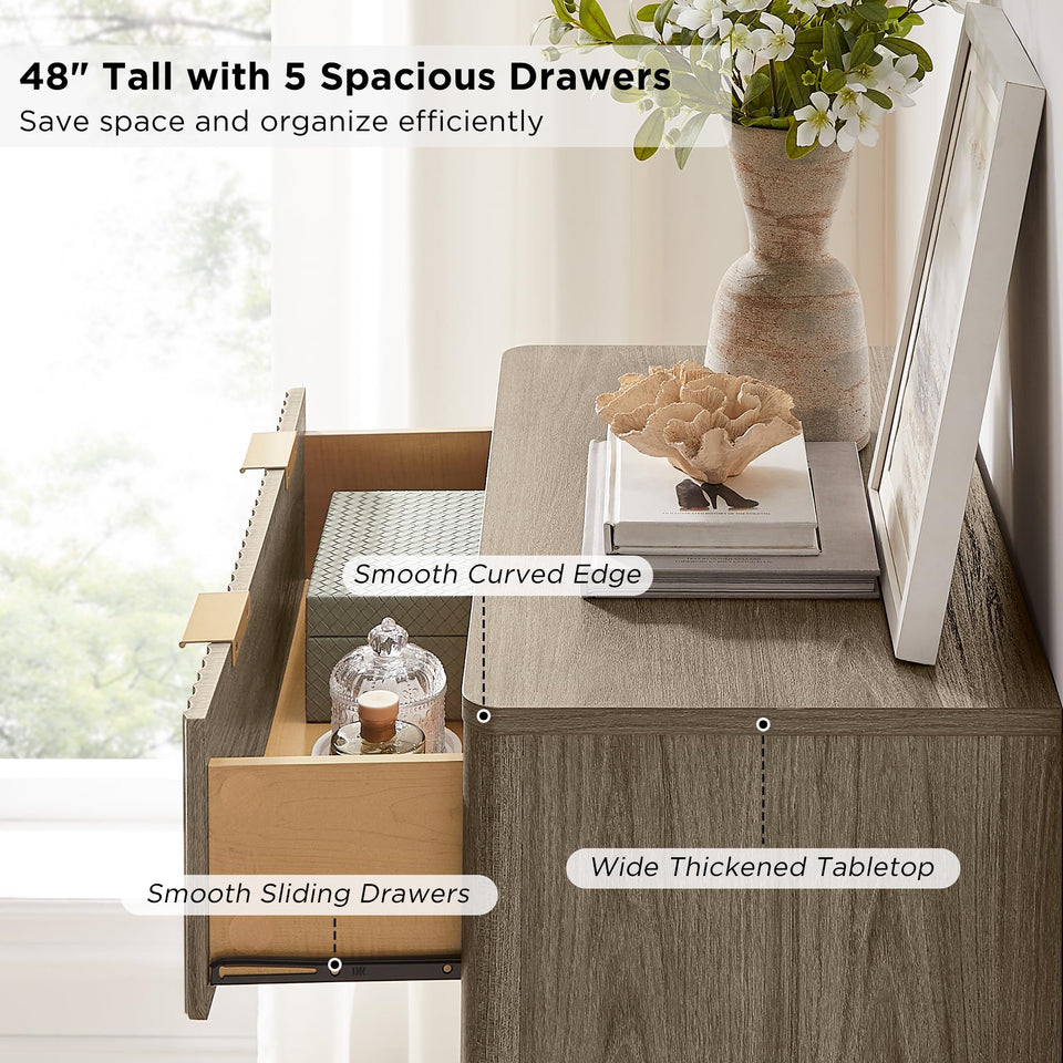 T4TREAM Fluted 7 Drawers Dresser, 54" Wide Modern Chest of Drawers with Faux Marble Top, Curved Profile Design, Dresser TV Stand, Wood Drawer Organizer for Bedroom, Living Room, Hallway, Natural Oak