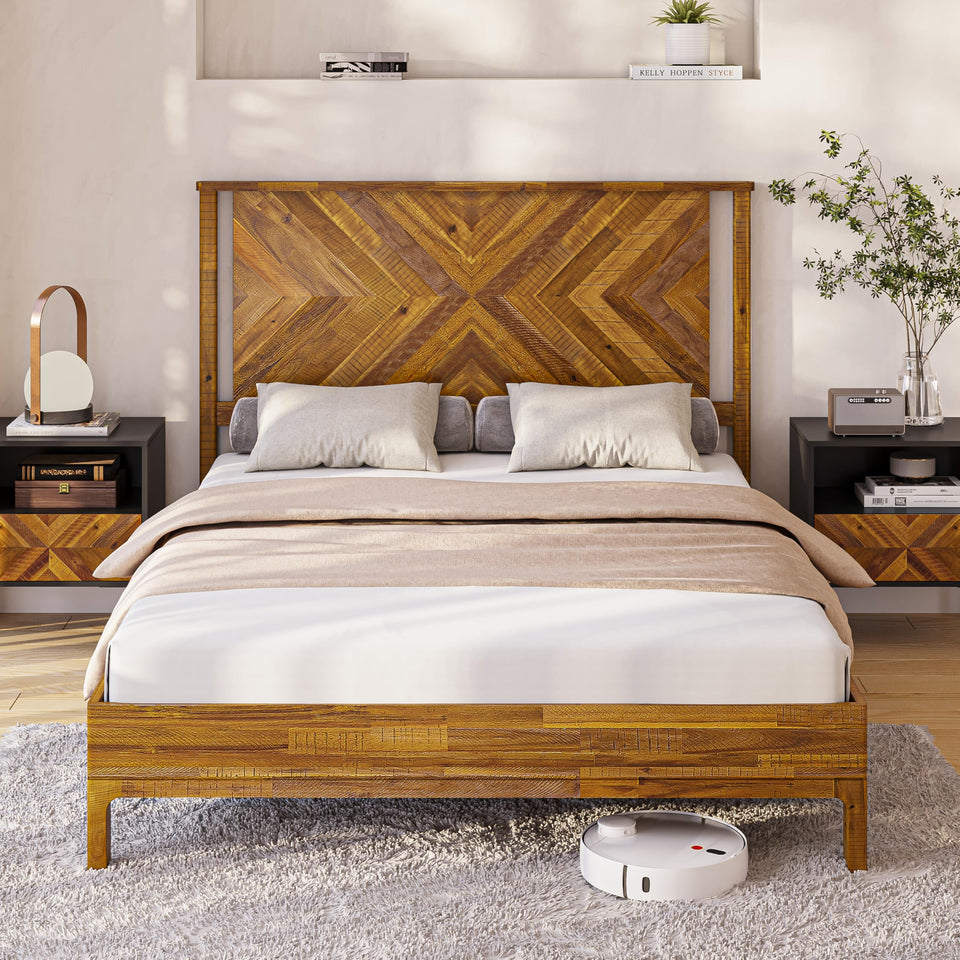 Bme Vivian 14 Inch Deluxe Bed Frame with Headboard, Rustic & Scandinavian Style with Solid Acacia Wood, No Box Spring Needed, 12 Strong Wood Slat Support, Easy Assembly, King, Rustic Golden Brown