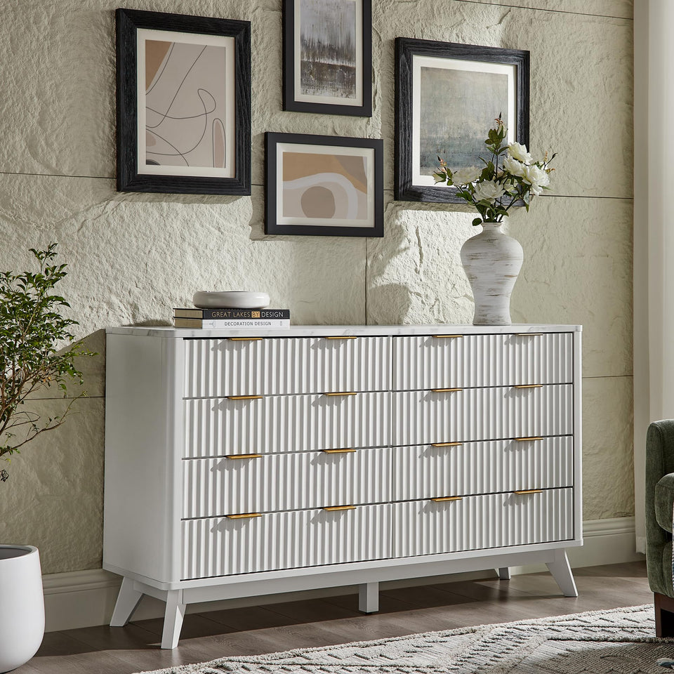 T4TREAM Fluted 7 Drawers Dresser, 54" Wide Modern Chest of Drawers with Faux Marble Top, Curved Profile Design, Dresser TV Stand, Wood Drawer Organizer for Bedroom, Living Room, Hallway, Natural Oak