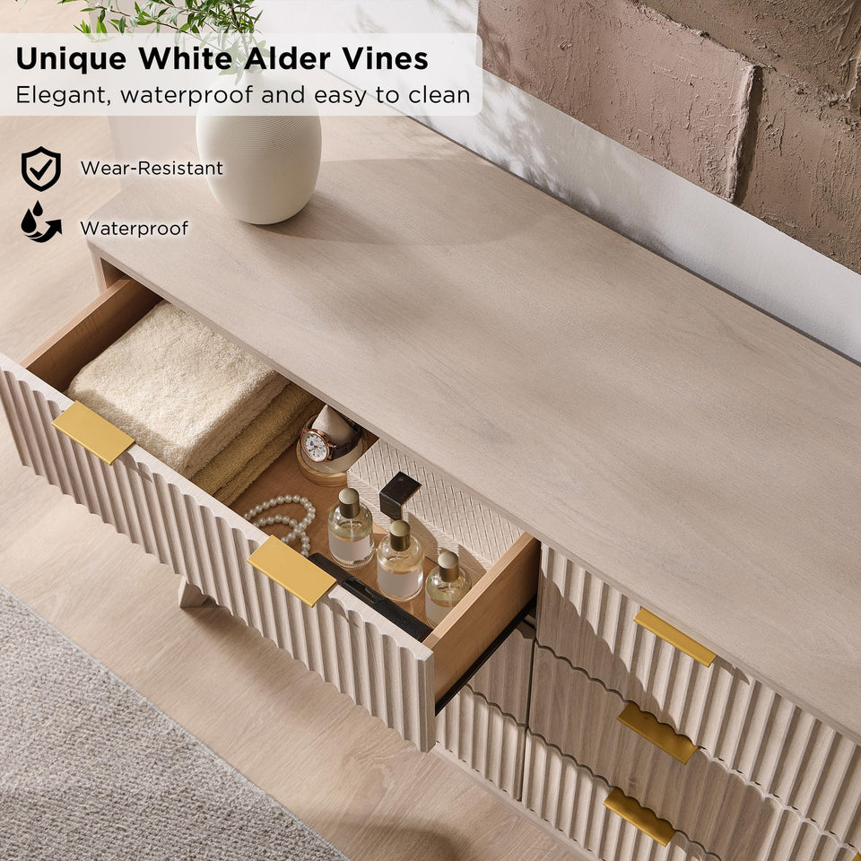 T4TREAM Fluted 7 Drawers Dresser, 54" Wide Modern Chest of Drawers with Faux Marble Top, Curved Profile Design, Dresser TV Stand, Wood Drawer Organizer for Bedroom, Living Room, Hallway, Natural Oak