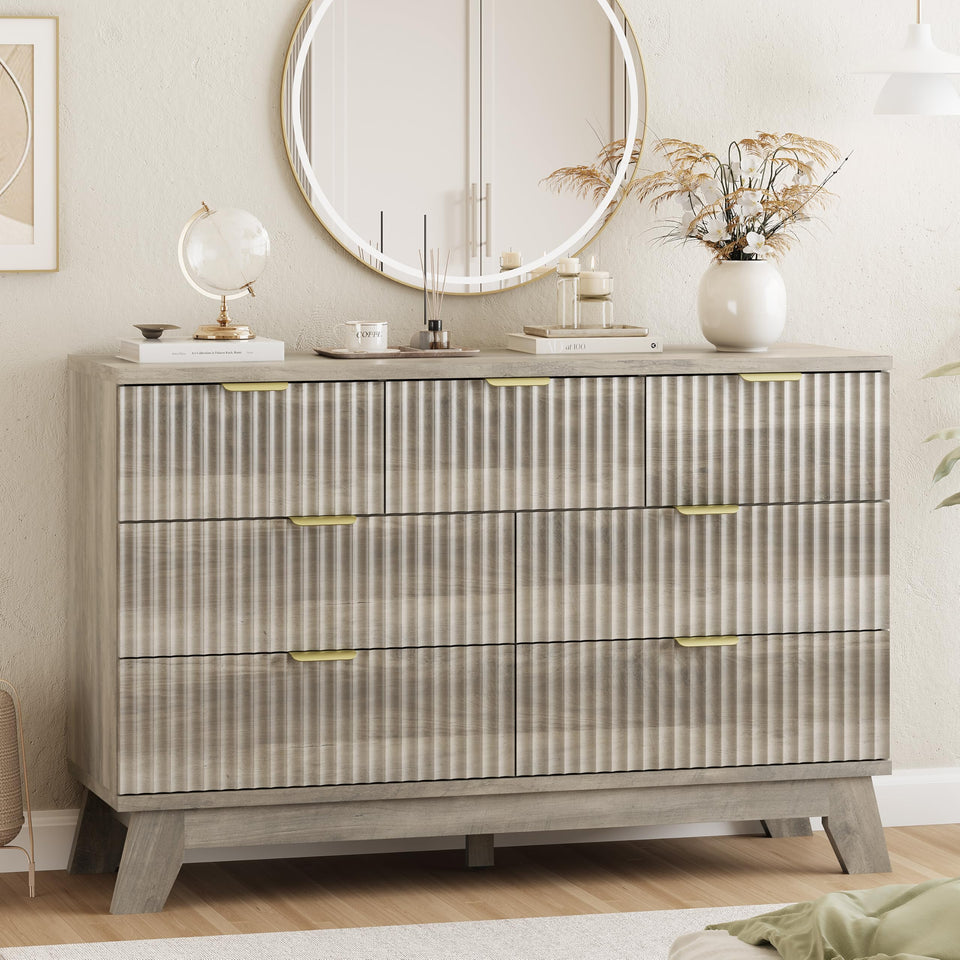 Fluted Dresser for Bedroom with 9 Drawers, 57" Wide Modern Chest of Drawers with Metal Handle, Wooden Dresser TV Stand, Wood Closet Clothes Storage Organizer for Living Room, Hallway, Natural Oak