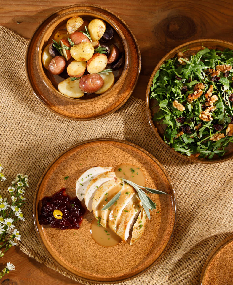 Bloomhouse Santorini Mist Double Bowl Terracotta Reactive Glaze Plates and Bowls Dinnerware Set - Amber, Service for Four (16pcs)