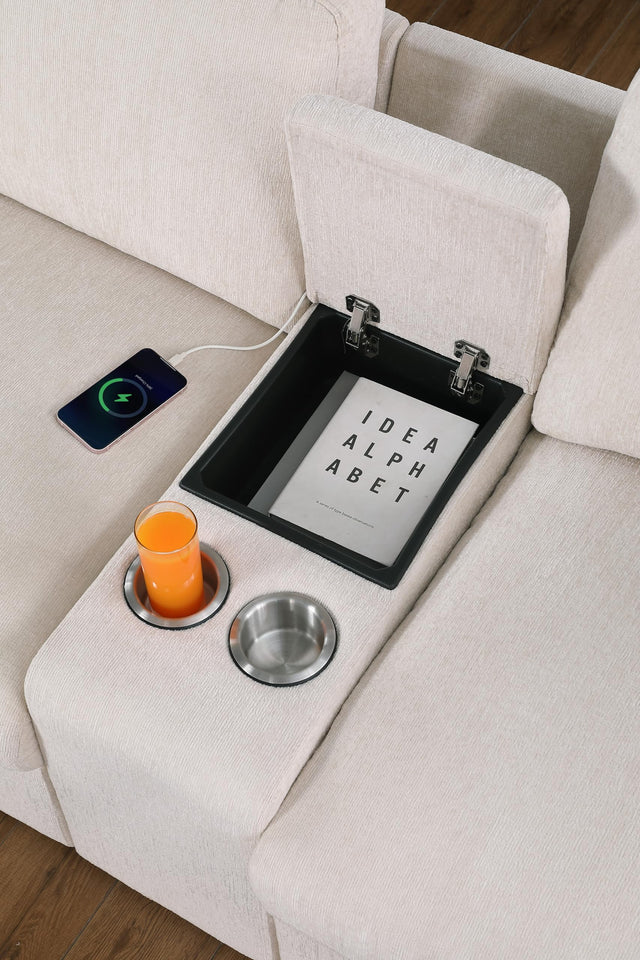 YOPTO 127" L-Shaped Sectional Couch with Movable Ottoman & 6 Throw Pillows,7 Seat Chenille Upholstered Sofa W/2 Cup Holder,USB Port & Hidden Storage Box,DIY Combination,for Living Room,Apartment,Beige