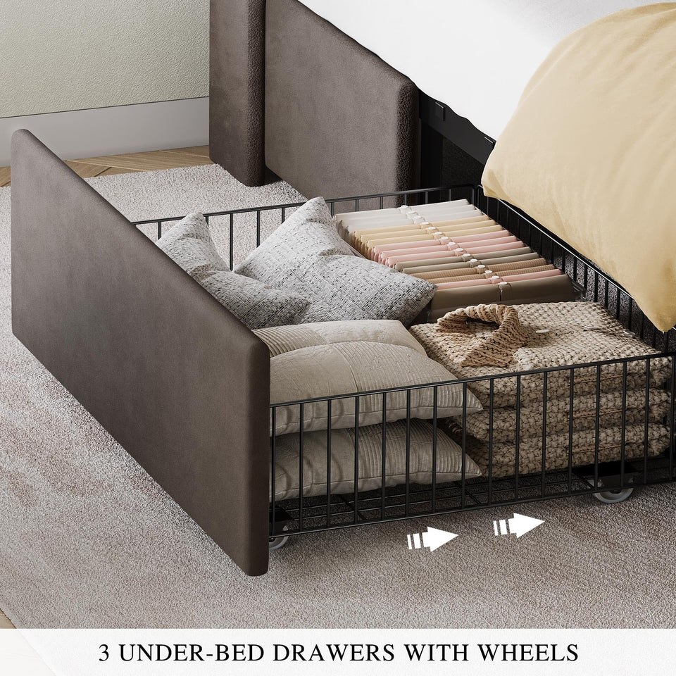 YITAHOME King Size Bed Frame with 3 Storage Drawers and RGB LED Lights, Velvet Upholstered Bed with Charging Station and Storage Headboard, No Box Spring Needed, Easy Assembly, Noise-Free, Grey