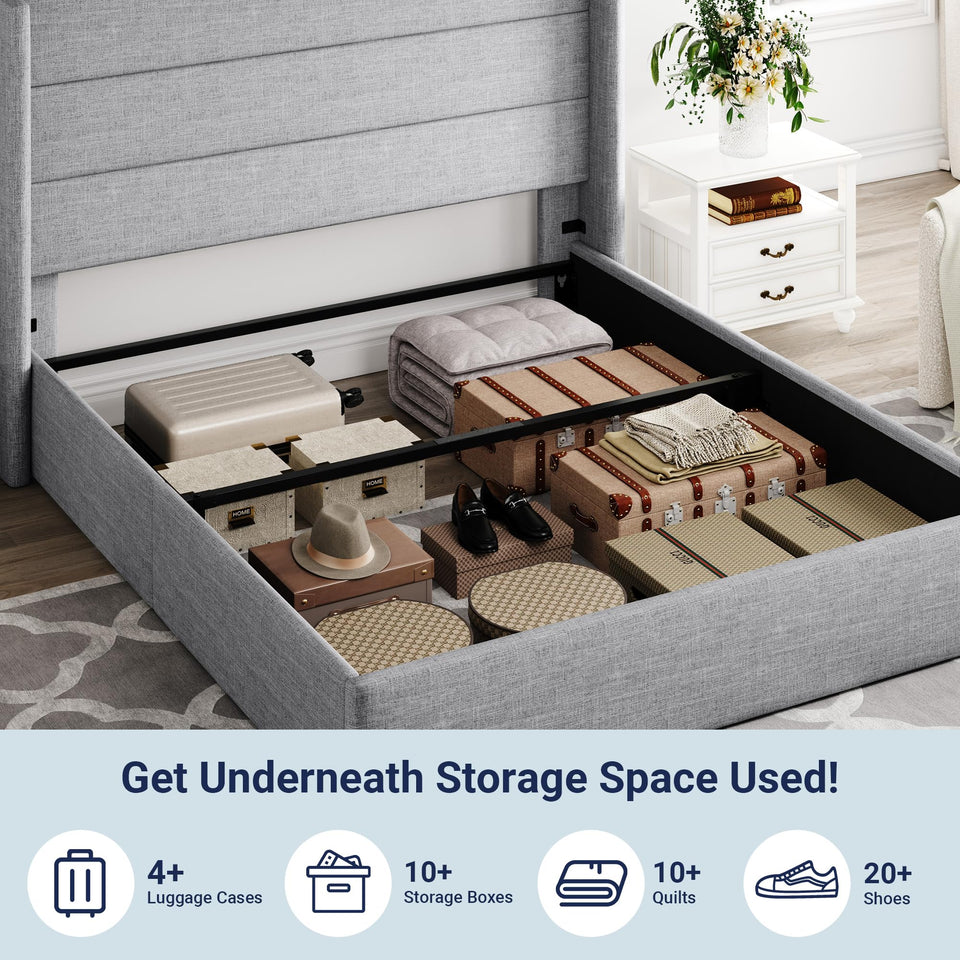 Allewie King Size Lift Up Storage Bed, Modern Wingback Headboard, Hydraulic Support, No Box Spring Needed, Light Beige