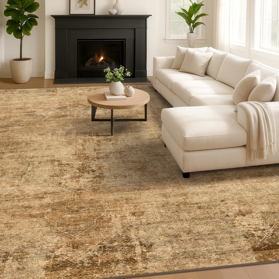 Neutral Living Room Rug - 10x14 Farmhouse Beige Brown Large Area Rug for Dining Room, Bedroom, Low Pile Lightweight Washable