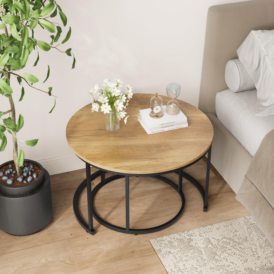 Smuxee Nesting Coffee Table Set of 2, 23.6" Round Coffee Table Wood Grain Top with Adjustable Non-Slip Feet, Industrial End Table Side Tables for Living Room Bedroom Balcony Yard