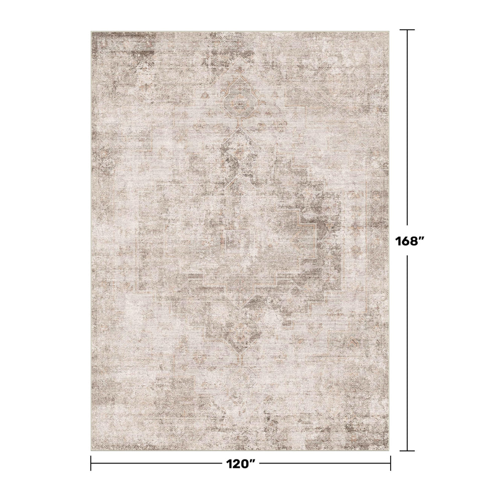 Neutral Living Room Rug - 10x14 Farmhouse Beige Brown Large Area Rug for Dining Room, Bedroom, Low Pile Lightweight Washable