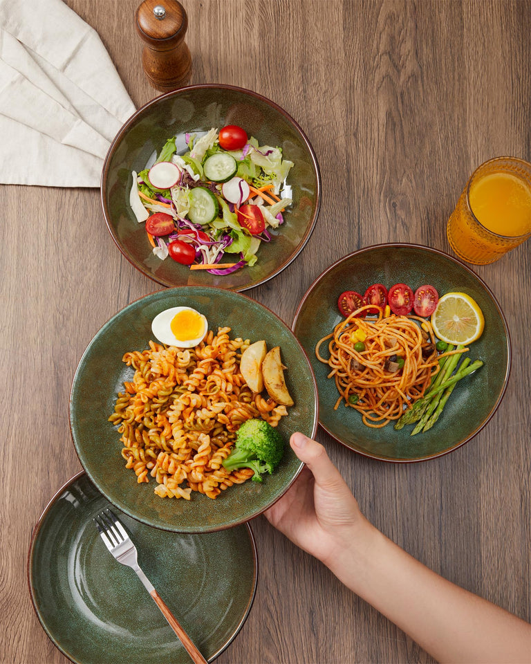 Pokini 24 Piece Dinnerware Sets for 8, Modern Stoneware Plates and Bowls Setst, Perfect for Family Gatherings & Holiday Celebrations, Easy Cleaning Dishes Set, Stack Compactly Dishware, Brown Green