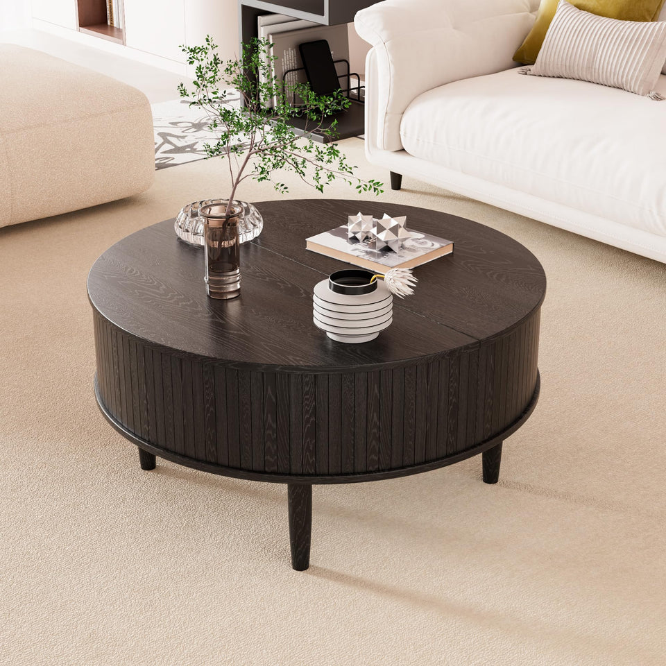 Round Fluted Lift Top Coffee Table with Storage, Mid Century Modern Coffee Table for Living Room, Home Small Space,31.5" Fluted Center Table (Walnut, 31.5inch)