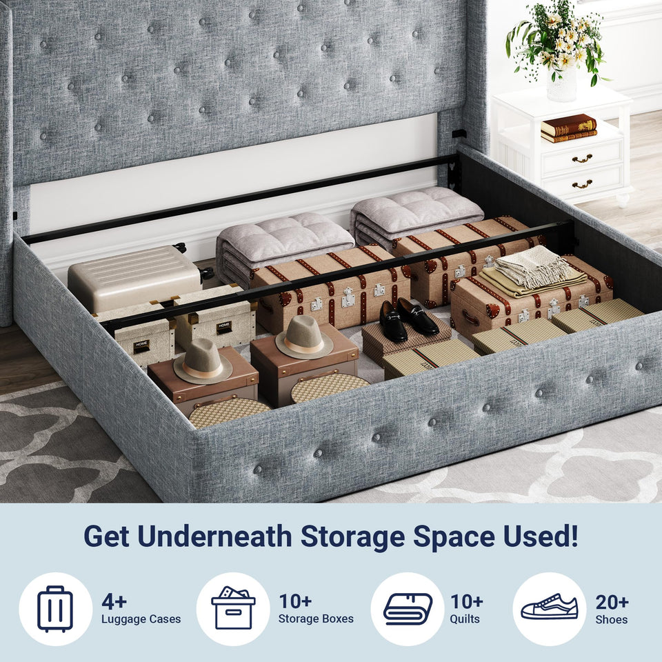 Allewie King Size Lift Up Storage Bed, Modern Wingback Headboard, Hydraulic Support, No Box Spring Needed, Light Beige