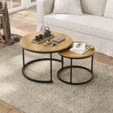 Smuxee Nesting Coffee Table Set of 2, 23.6" Round Coffee Table Wood Grain Top with Adjustable Non-Slip Feet, Industrial End Table Side Tables for Living Room Bedroom Balcony Yard
