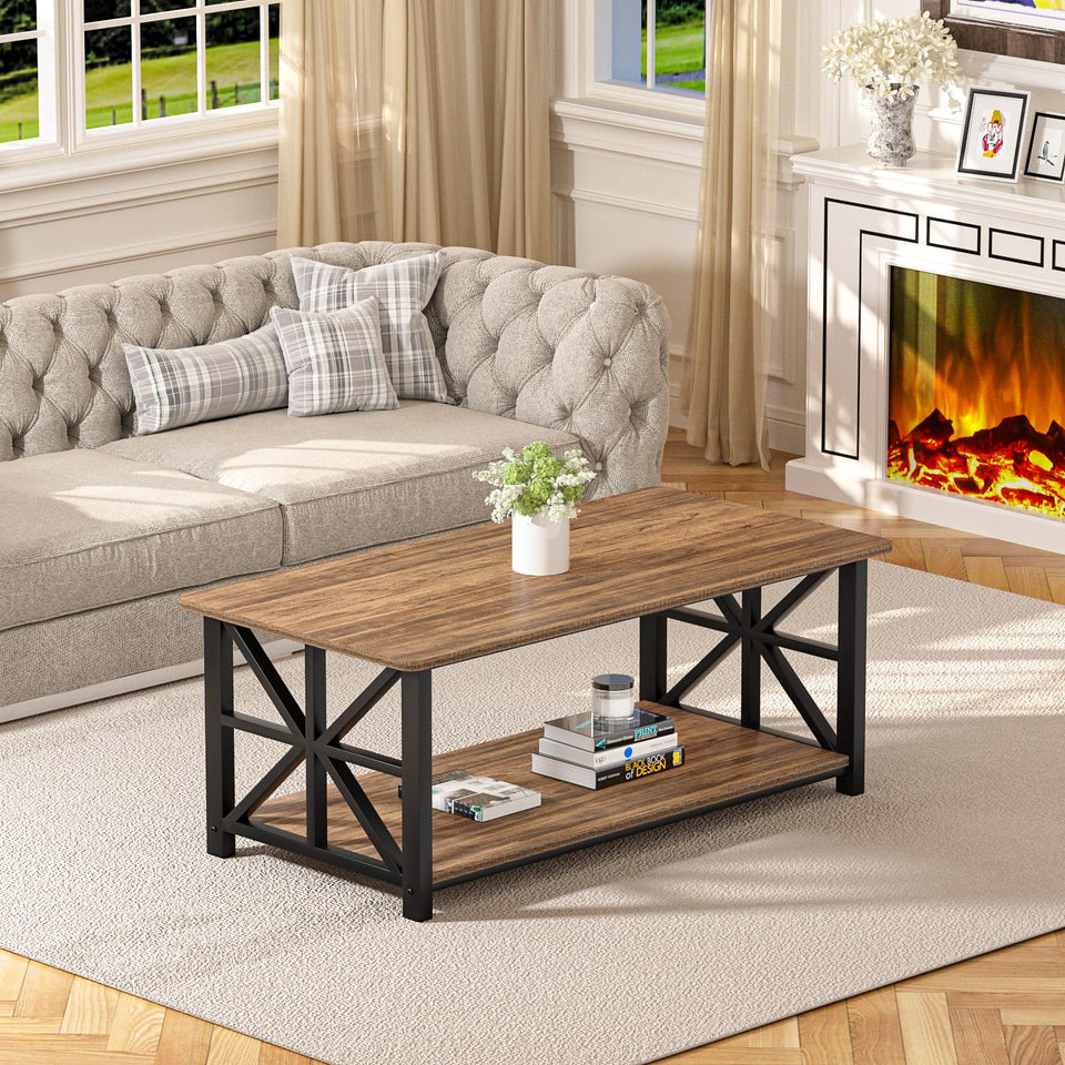 GreenForest Coffee Table for Living Room with Round Corners Farmhouse Style Center Table with Storage Shelf 39 Inch Space Saving Easy Assembly Gray Wash