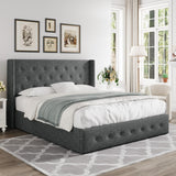 Allewie King Size Lift Up Storage Bed, Modern Wingback Headboard, Hydraulic Support, No Box Spring Needed, Light Beige