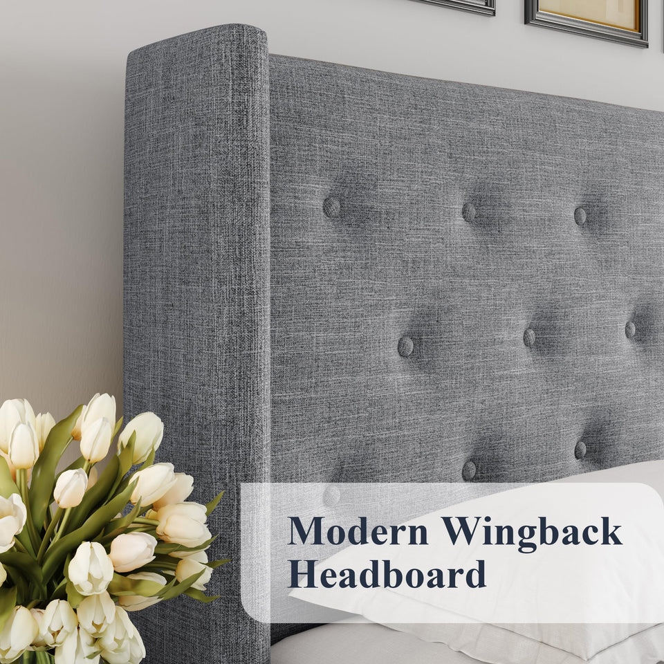 Allewie King Size Lift Up Storage Bed, Modern Wingback Headboard, Hydraulic Support, No Box Spring Needed, Light Beige