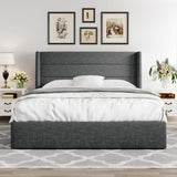 Allewie King Size Lift Up Storage Bed, Modern Wingback Headboard, Hydraulic Support, No Box Spring Needed, Light Beige