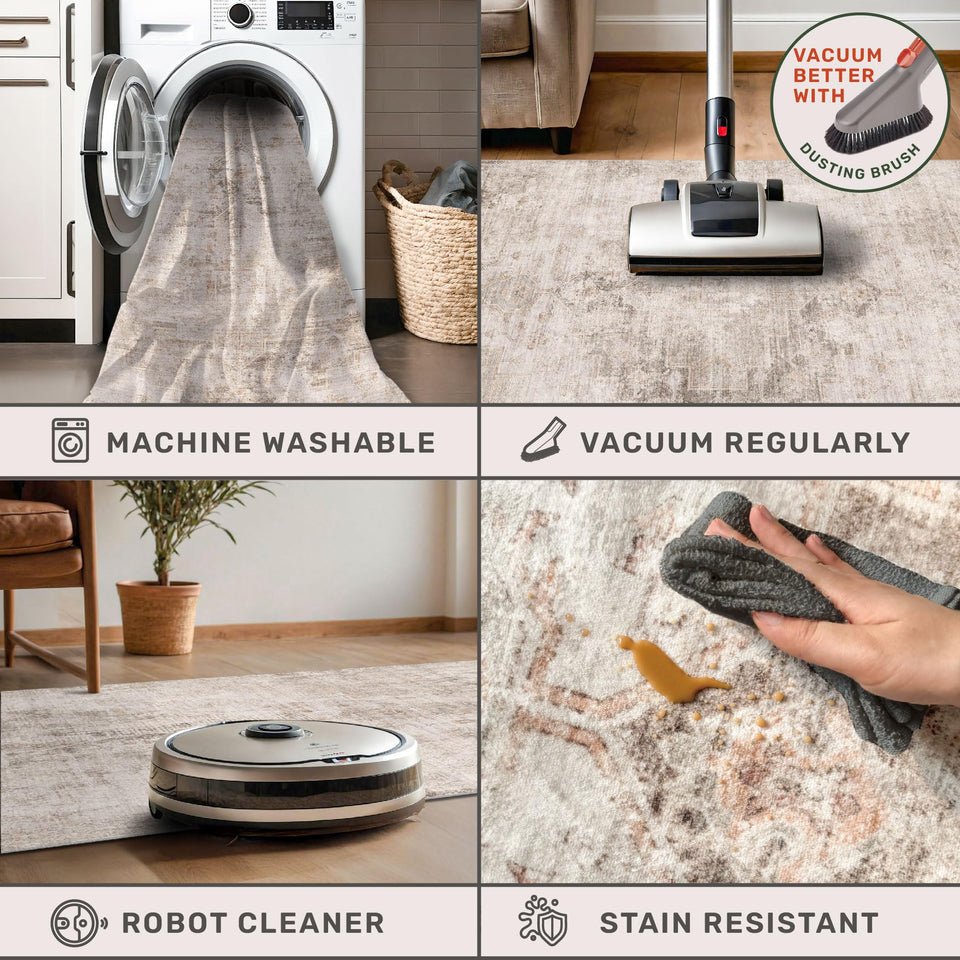 Neutral Living Room Rug - 10x14 Farmhouse Beige Brown Large Area Rug for Dining Room, Bedroom, Low Pile Lightweight Washable