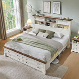 Farmhouse King Size Bed Frame with 54" Tall Storage Bookcase Headboard, Wood Platform Bed Frame with 2 Drawers & 18" Tall Roman Column Decoration Footboard, No Box Spring Needed(Antique White)