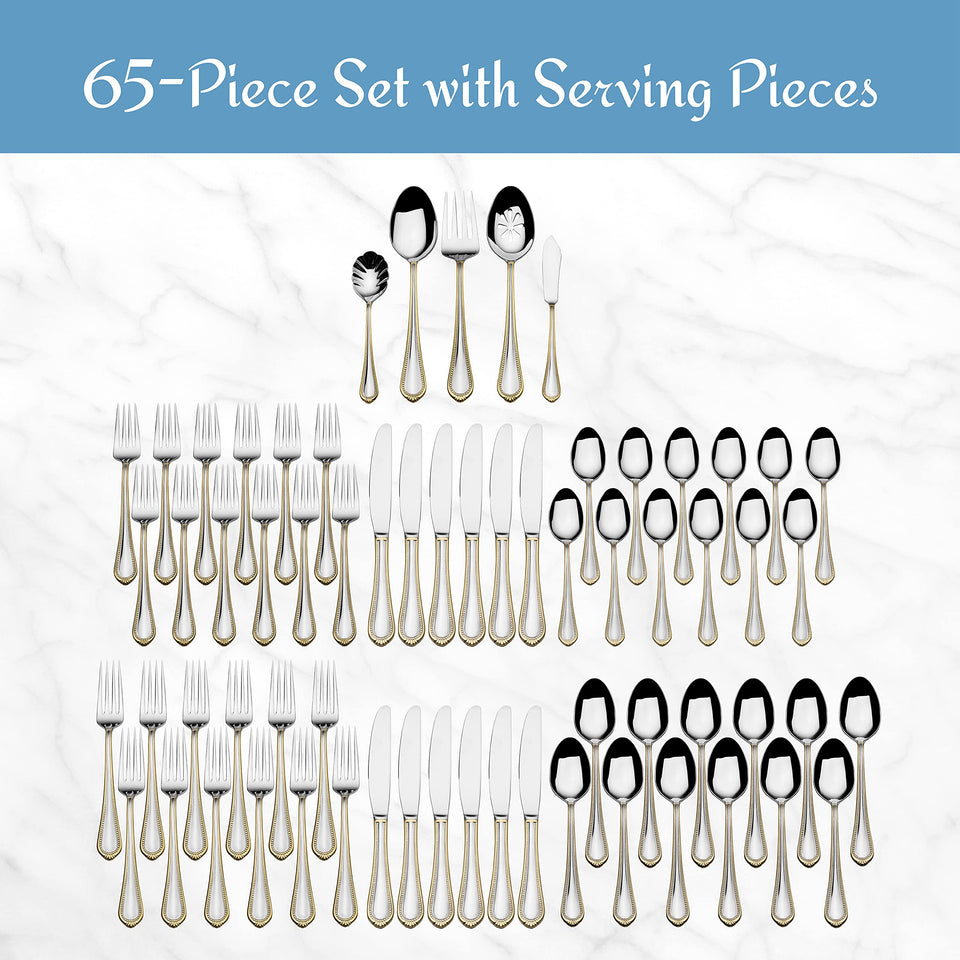 Mikasa Regent Bead 65-Piece Flatware Set for 12, 18/10 Stainless Steel Silverware with Full Service and Serving Utensils, Classic Beaded Edge Design