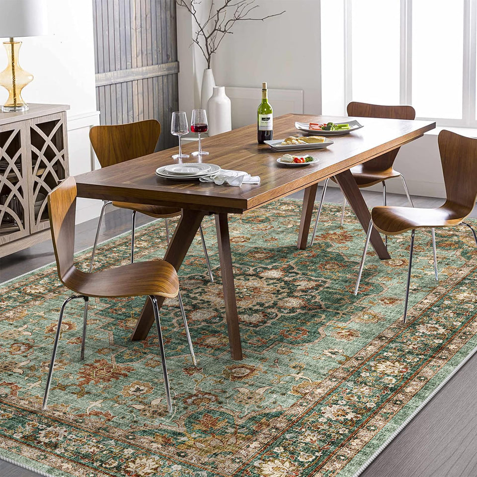 TOPRUUG Washable Oriental Area Rug - 12x15 Rugs for Living Room Soft Carpet for Bedroom Waterproof Floral Distressed Indoor Stain Resistant Non-Shedding Floor Carpets (Green, 12x15)