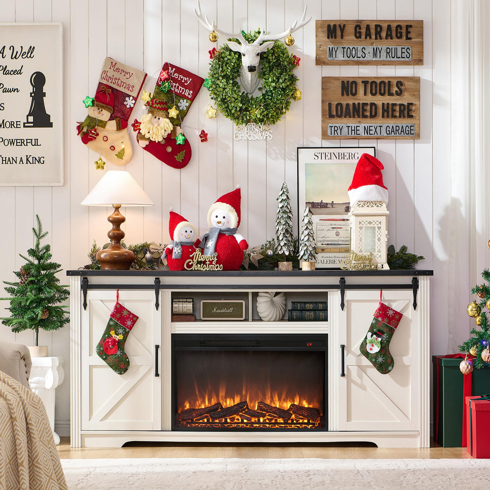 JXQTLINGMU Farmhouse TV Stand for 75+ Inch TV, 32" Tall Entertainment Center w/4 Drawers & Sliding Barn Door, Rustic Media Console w/Storage Shelves, 66" Wood Television Stand for Living Room, Brown