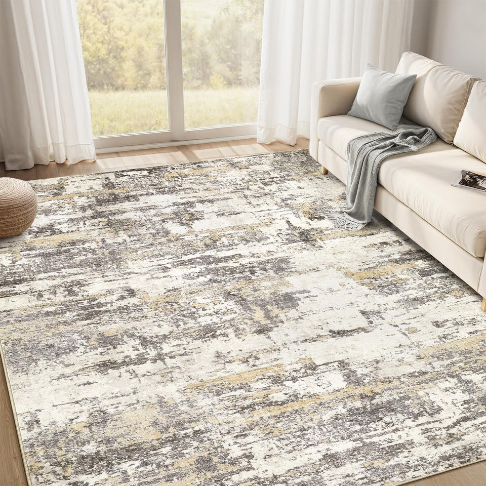 Area Rugs for Living Room: 12x15 Abstract Washable Rug Modern Neutral Large Soft Stain Resistant Non-Slip Backing Machine Table for Bedroom Dining Room Indoor Home Office Carpet - Gold Brown