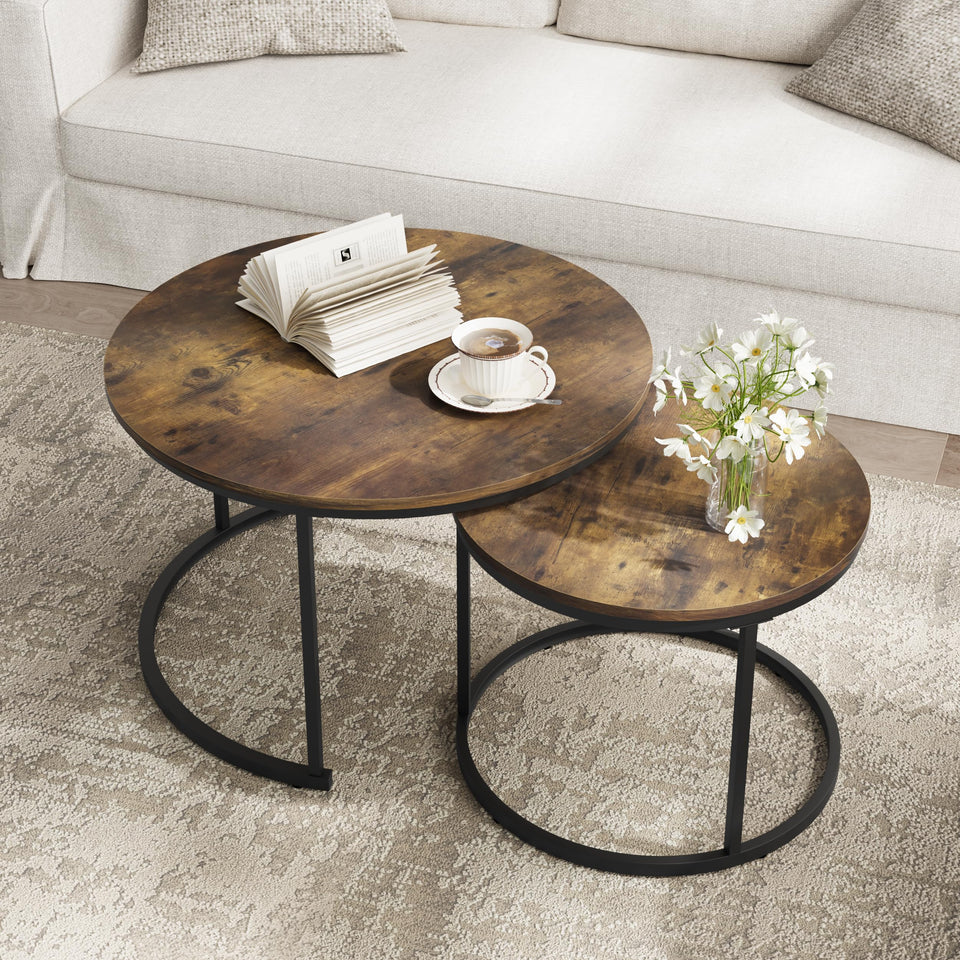 Smuxee Nesting Coffee Table Set of 2, 23.6" Round Coffee Table Wood Grain Top with Adjustable Non-Slip Feet, Industrial End Table Side Tables for Living Room Bedroom Balcony Yard