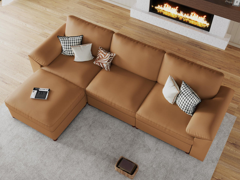 EASE MOOSE Leather Sectional Couch, Oversized Modular Sectional Sofas, Wide Deep Seat Modular Couch, Scratch Resistant Faux Leather Material, L Shaped Sofa for Big Spaces,Beige