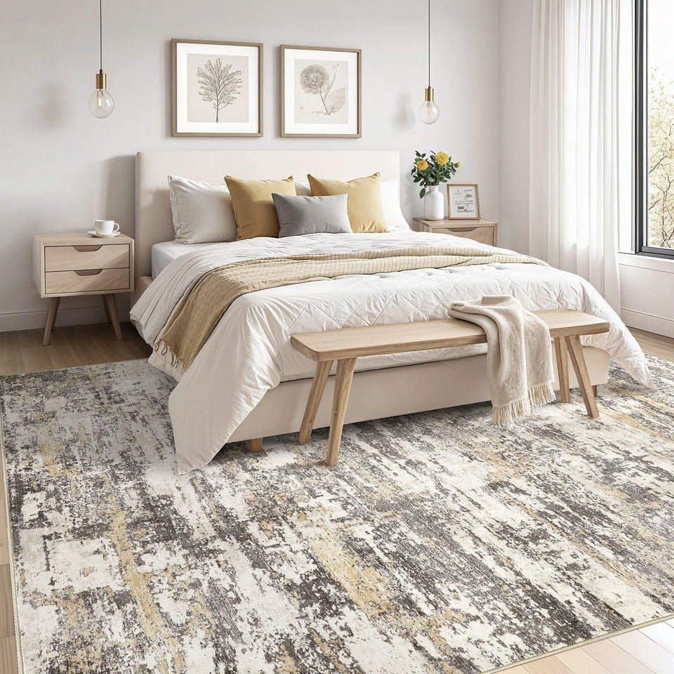 Area Rugs for Living Room: 12x15 Abstract Washable Rug Modern Neutral Large Soft Stain Resistant Non-Slip Backing Machine Table for Bedroom Dining Room Indoor Home Office Carpet - Gold Brown