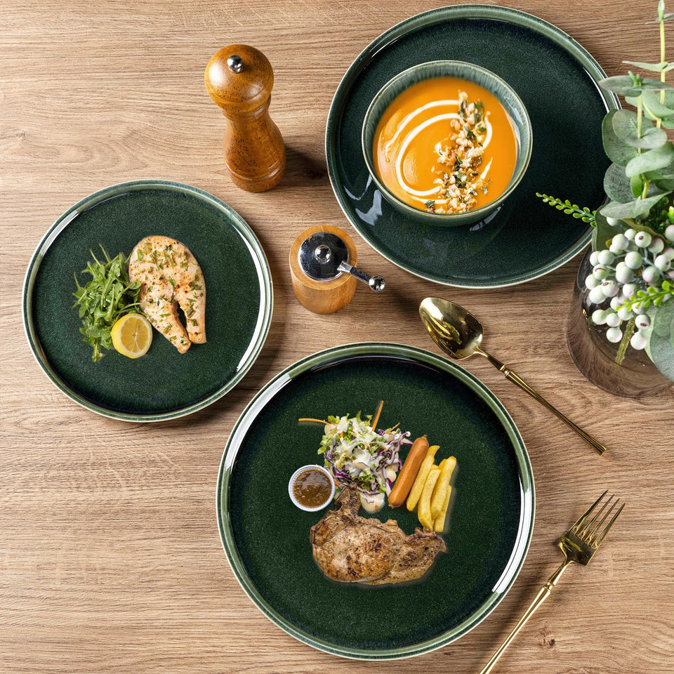 GBHOME Ceramic Dinnerware Sets for 8, 24 Pieces Stoneware Plates and Bowls Sets, Scratch Resistant Dishes, Dishwasher & Microwave Safe, Reactive Glaze-Green Wheat