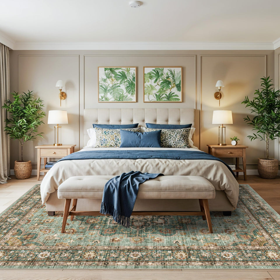 TOPRUUG Washable Oriental Area Rug - 12x15 Rugs for Living Room Soft Carpet for Bedroom Waterproof Floral Distressed Indoor Stain Resistant Non-Shedding Floor Carpets (Green, 12x15)