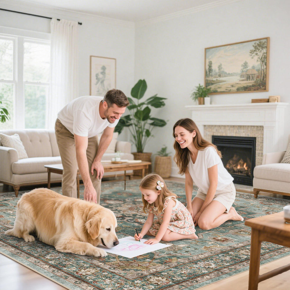 TOPRUUG Washable Oriental Area Rug - 12x15 Rugs for Living Room Soft Carpet for Bedroom Waterproof Floral Distressed Indoor Stain Resistant Non-Shedding Floor Carpets (Green, 12x15)