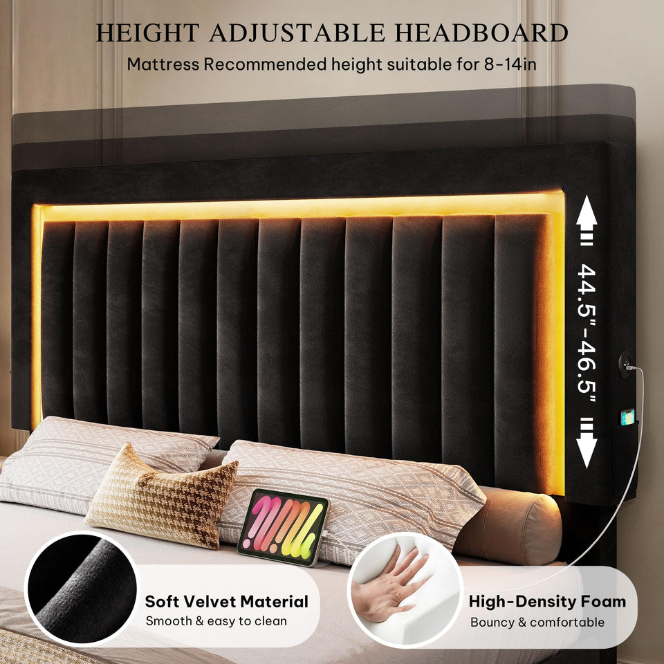 YITAHOME King Size Bed Frame with Adjustable Headboard, 4 Storage Drawers and RGB LED Lights, Velvet Upholstered Platform Bed with USB Ports, No Box Spring Needed, Fast Assembly, Noise-Free, Black