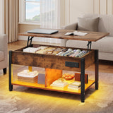 YITAHOME Lift Top Coffee Table with RGB Light, 3-in-1 Coffee Table with Power Outlets, Hidden & Open Storage, Adjustable Height, Wooden Dining Table for Living Room, Home Office, Brown