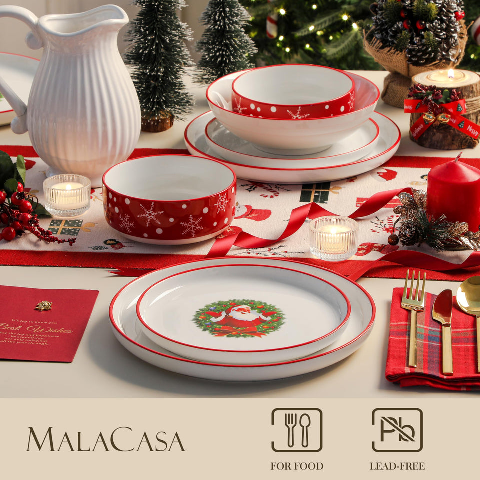 MALACASA Plates and Bowls Sets, 24 Pieces Modern Porcelain Dinnerware Set for 6 Ceramic Dishware Dishes White Kitchen Dinner Dining Ware Set wtih Black Rim Microwave and Dishwasher Safe, Series LUNA