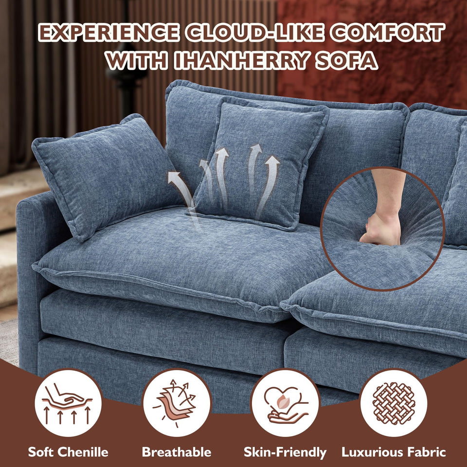 Ihanherry 146" U-Shaped Modern Sofa Modular Sectional Cloud Couch with 2 Ottoman, 6-Seat Chenille Deep Seat Sofa with 6 Pillows for Living Room, Bedroom and Apartment, Grey