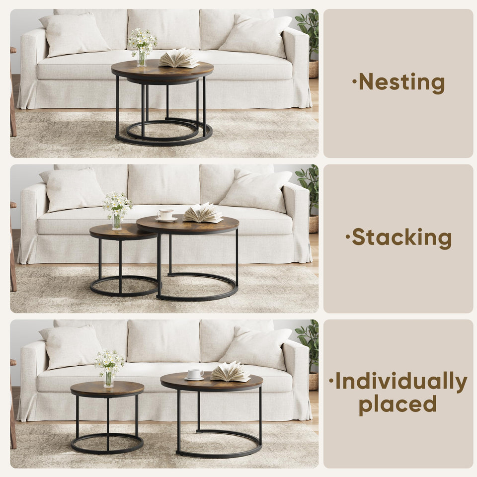 Smuxee Nesting Coffee Table Set of 2, 23.6" Round Coffee Table Wood Grain Top with Adjustable Non-Slip Feet, Industrial End Table Side Tables for Living Room Bedroom Balcony Yard