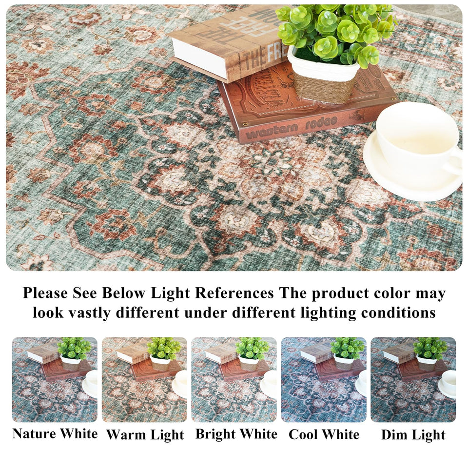 TOPRUUG Washable Oriental Area Rug - 12x15 Rugs for Living Room Soft Carpet for Bedroom Waterproof Floral Distressed Indoor Stain Resistant Non-Shedding Floor Carpets (Green, 12x15)