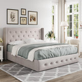Allewie King Size Lift Up Storage Bed, Modern Wingback Headboard, Hydraulic Support, No Box Spring Needed, Light Beige