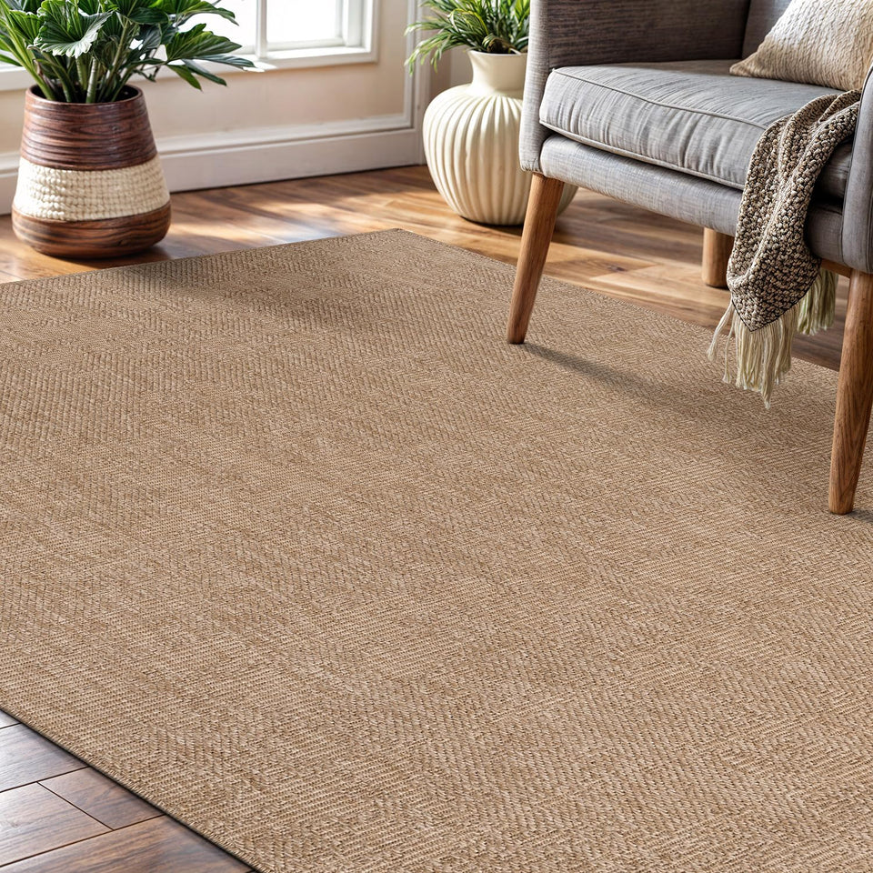 CAMILSON Easy Jute Rug 10x14, Indoor Outdoor Natural Color Fiber Area Rugs for Living Room Patio and Kitchen Rug Herringbone Woven Design Easy-Cleaning Washable Outside Carpet Alfombras 10 x 14