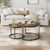 Smuxee Nesting Coffee Table Set of 2, 23.6" Round Coffee Table Wood Grain Top with Adjustable Non-Slip Feet, Industrial End Table Side Tables for Living Room Bedroom Balcony Yard