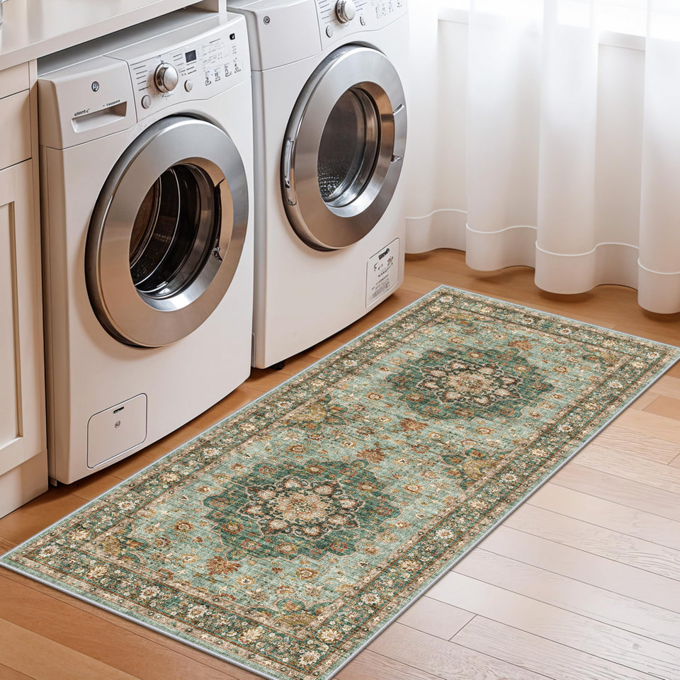 TOPRUUG Washable Oriental Area Rug - 12x15 Rugs for Living Room Soft Carpet for Bedroom Waterproof Floral Distressed Indoor Stain Resistant Non-Shedding Floor Carpets (Green, 12x15)