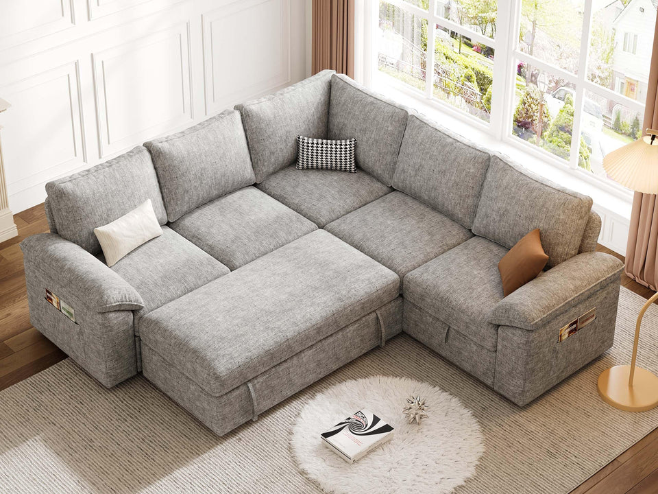 SUAWY 108 Inch Sectional Sleeper Sofa with Pull Out Bed,U Shaped 7 Seat Modular Sectional Sofa with Storage,Sectional Couches for Living Room,Cloud Modular Couch,Removable Sofa Cover,Dark Grey