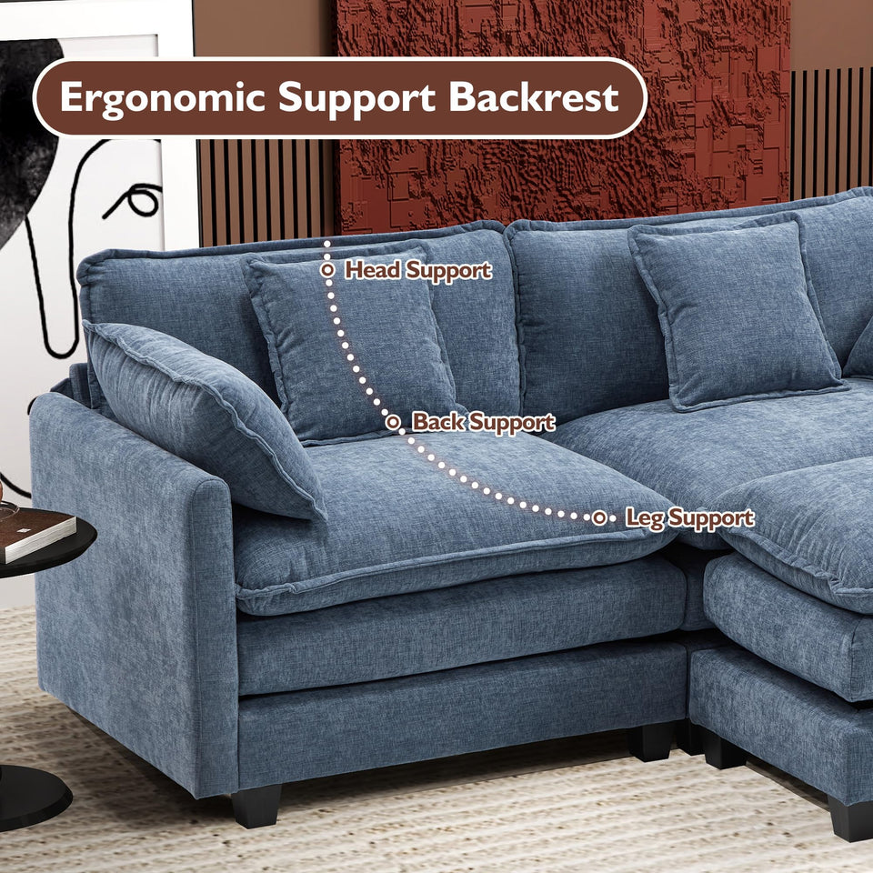 Ihanherry 146" U-Shaped Modern Sofa Modular Sectional Cloud Couch with 2 Ottoman, 6-Seat Chenille Deep Seat Sofa with 6 Pillows for Living Room, Bedroom and Apartment, Grey