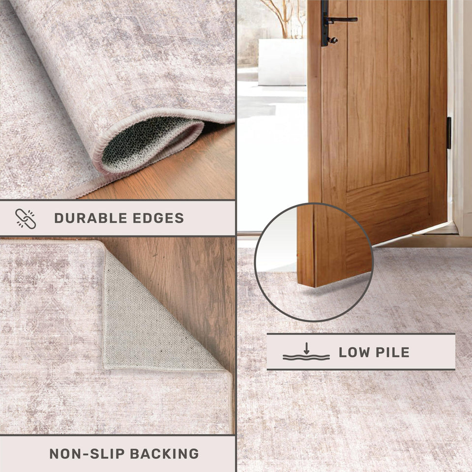 Neutral Living Room Rug - 10x14 Farmhouse Beige Brown Large Area Rug for Dining Room, Bedroom, Low Pile Lightweight Washable